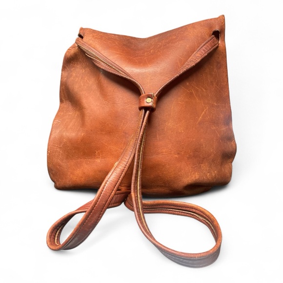 Vintage Leather Backpack Slouch Fold-Over Flap, Mailbag , Rustic Brown - Picture 3 of 11